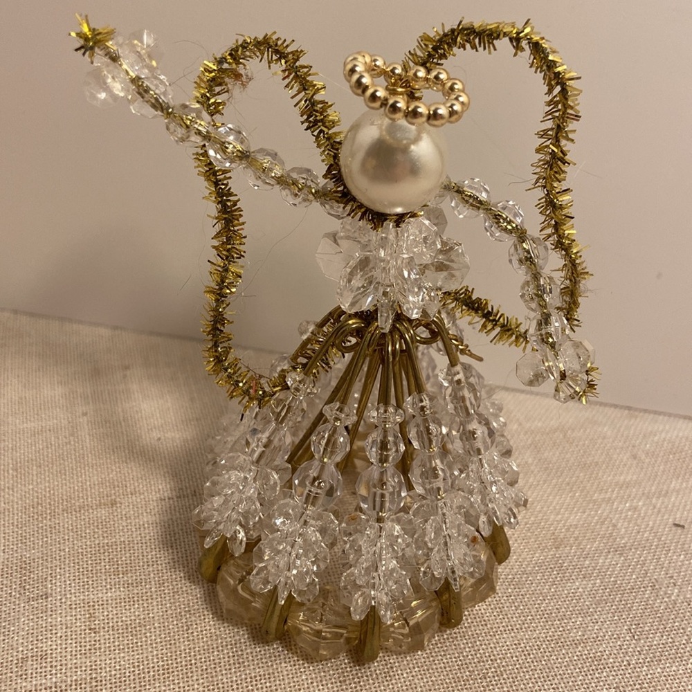 Vintage angel figurine ornament gold safety pin skirt beaded clear Christmas